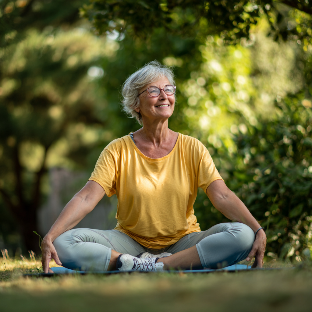 Happy elderly European man in yoga pose demonstrating good posture, smiling, indoor natural lighting