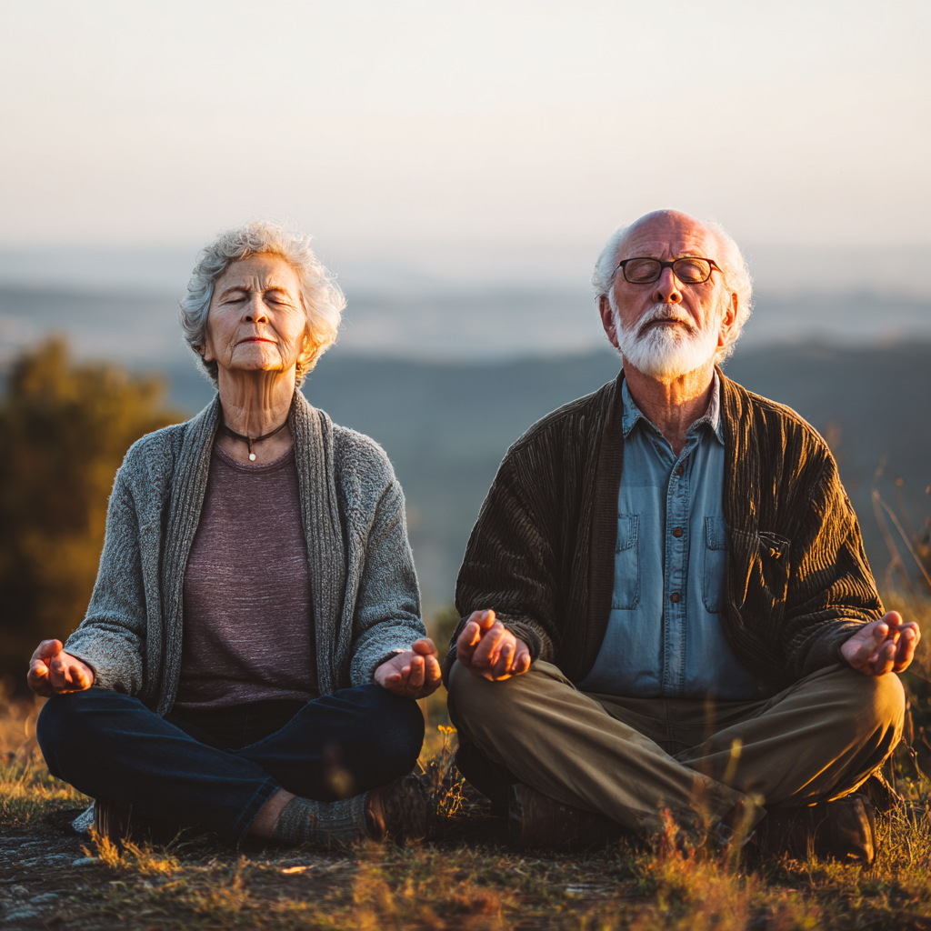 Serene elderly European woman stretching comfortably, smiling peacefully, soft natural lighting